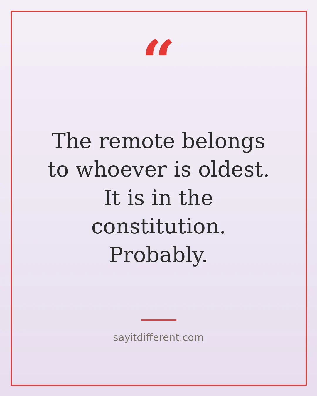 funny big brother quotes: The remote belongs to whoever is oldest. It is in the constitution. Probably.